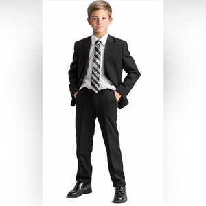 Haggar Boys' 4-Piece Suit, Dress Shirt & Tie Set Black/White Size: 14R (R18)